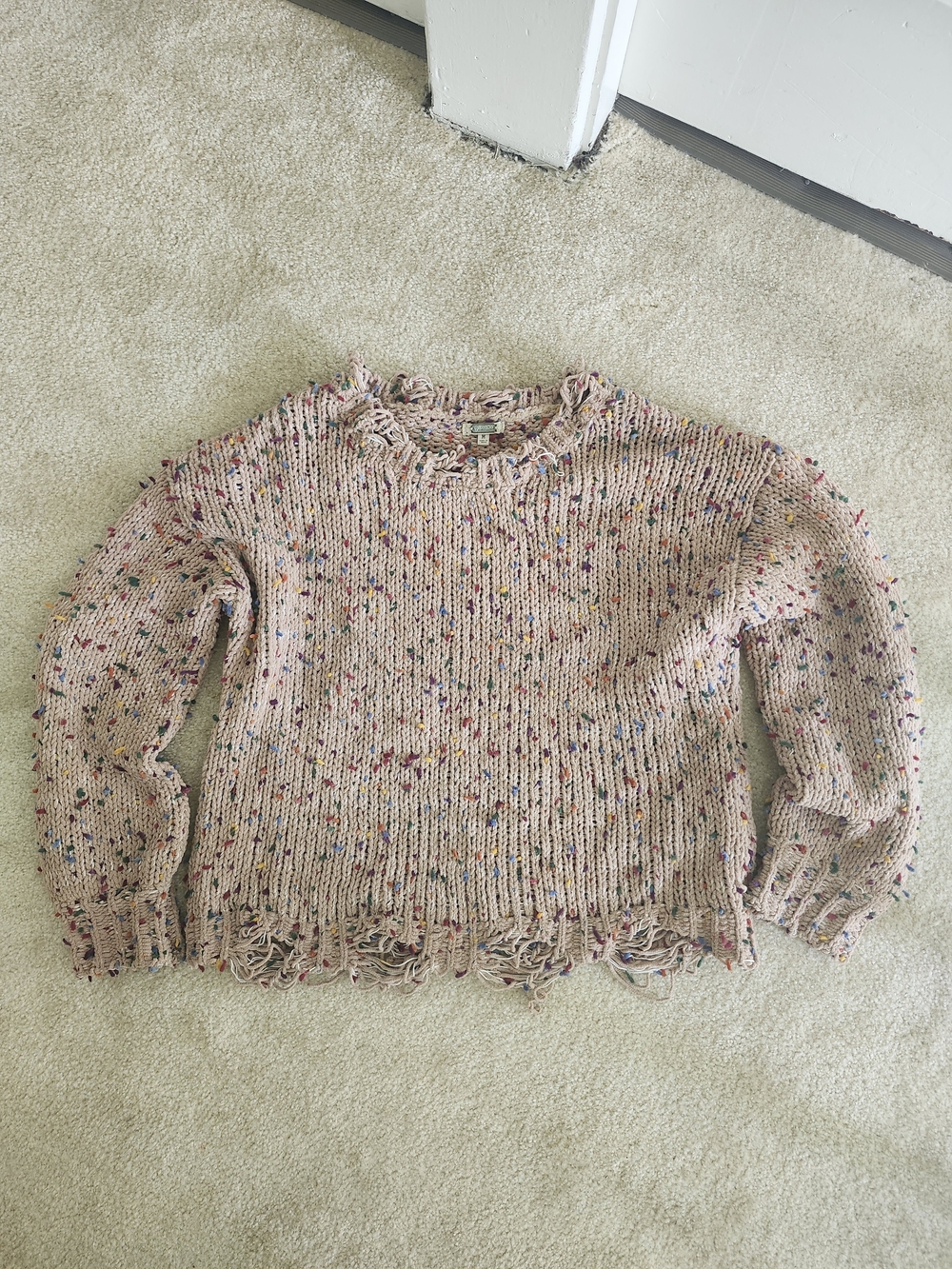 gimmicks by BKE Pink Speckled Fringe Crewneck Sweater
